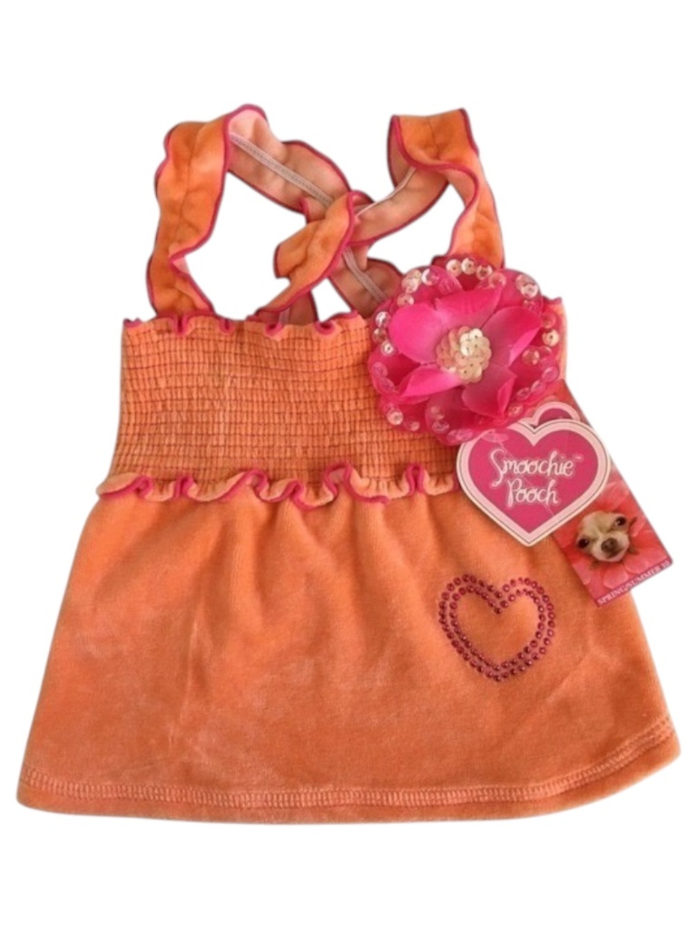 Smoochie Pooch Dog Dress Size Small Orange Pink Velour Smocked Flower NEW